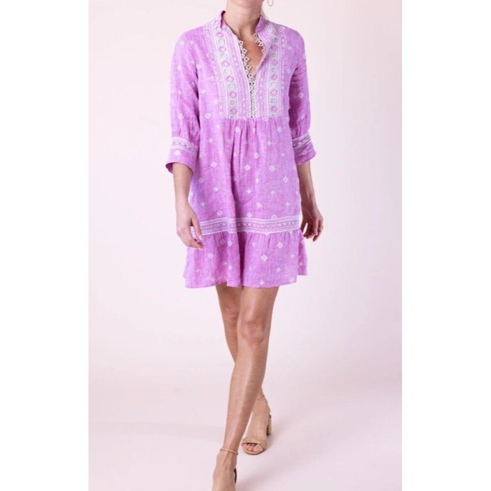Temptations Pink Scalloped Dress Tunic/Cover Embroidery LINEN MADE Italy XL